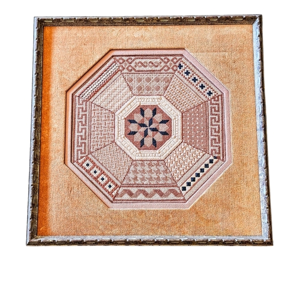 Vintage Needlepoint LG 80s Hexagon Design Velvet Matted Framed Signed 25x25 in